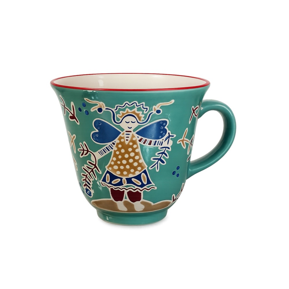 Gudrun Sjödén Oversized‎ Ceramic Angel Mug Teal Floral Stoneware Cup 5.75"